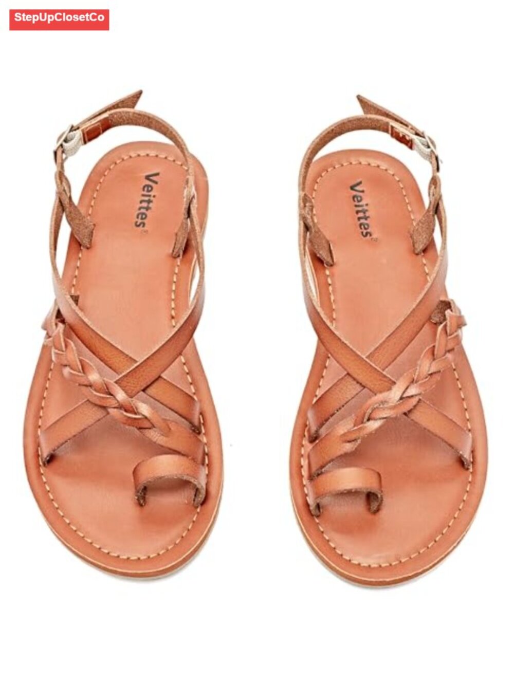 Women's Flat Sandals with Braided Ankle Strap, Faux Leather, Round Toe, Buckle